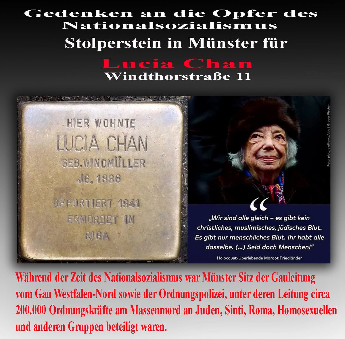 Muenstertube's tweet image. #Münster. Der tägliche Stolperstein gegen das Vergessen: Lucia Chan #Antisemitismus #Stolpersteine #NieWieder #Niewiederistjetzt #Holocaust #Riga #noNazis #noAfD #WirSindDieBrandmauer #AfDVerbotjetzt #wirsindmehr
Mehr zum Schicksal des Nazi-Opfers hier:
muenstertube.wordpress.com/2024/01/28/ged…