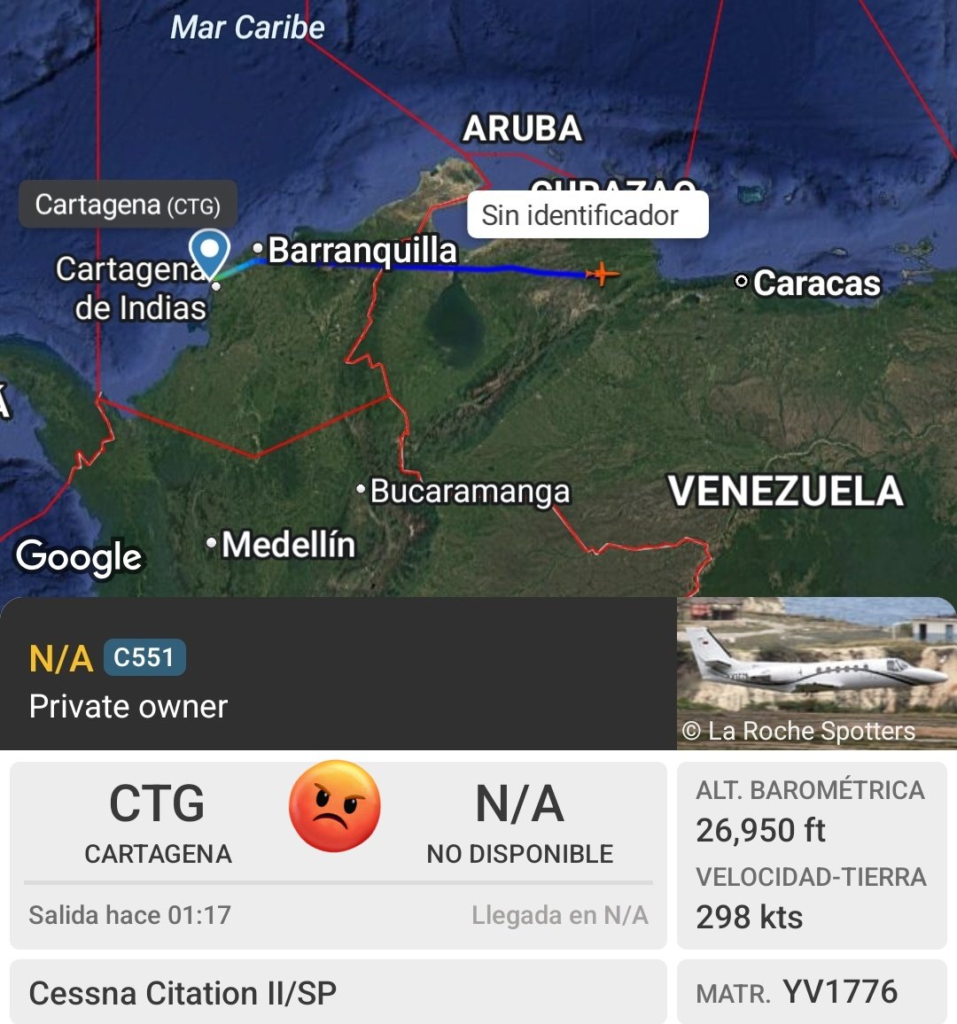 Arr3ch0's tweet image. 2 horas 10 minutos duró la visita del YV1776 a Cartagena, Colombia. Retornando ahora.