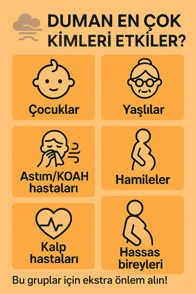 🌫️ DUMAN EN ÇOK KİMLERİ ETKİLER?

👶 Çocuklar
👵 Yaşlılar
🤧 Astım/KOAH hastaları
🤰 Hamileler
❤️ Kalp hastaları

Bu gruplar için ekstra önlem alın!