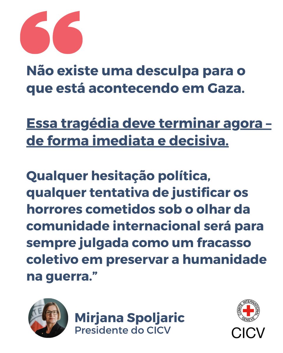 "Não há desculpa para o que está acontecendo em Gaza. A escala do sofrimento humano e a perda da dignidade humana há muito ultrapassaram todos os padrões aceitáveis – legais e morais."

💬 Mirjana Spoljaric, presidente do CICV.

Declaração completa 
👉ms.spr.ly/6017sGQBL