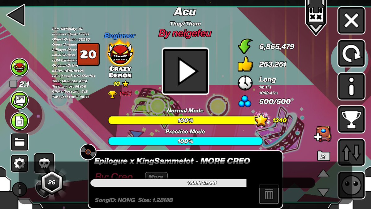 Neo_3827's tweet image. ME PASE ACU!!!!! MI PRIMER EXTREME DEMON LETS FUCKING GO! Esta win va dedica a todos ustedes pibes gracias por su apoyo! &lt;3 (con un ultimo fallo en el 92% y con 12,206 atts me lo pase...)