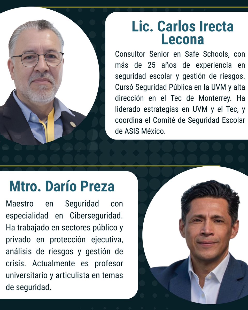 EducaMas23's tweet image. 🔗 us06web.zoom.us/webinar/regist…
🎤 ¡Conoce a nuestros ponentes de #EscuelasBlindadas!
Gerardo de Lago (@delago01), Luis Constantino, Carlos Irecta (@Irectajr). Modera Darío Preza (@DarioPreza)
Este 31 de julio a las 19:00 (CDMX), acompáñanos en un webinar online sobre seguridad…