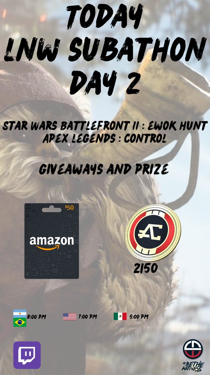 LNW SUBATHON  - DAY 2 

Ewok Hunt  for 💵$50 USD Amazon Card
Apex control 
Giveaway 🪙2150 Apex coins

twitch.tv/leavenowitness
🇺🇸 7:00 pm EST