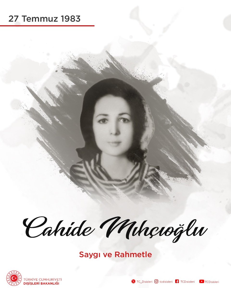 TC_Disisleri's tweet image. Terör örgütü ARA tarafından 27 Temmuz 1983 tarihinde şehit edilen Lizbon Büyükelçiliğimiz Maslahatgüzarı Yurtsev Mıhçıoğlu’nun eşi Cahide Mıhçıoğlu’nu saygı ve rahmetle anıyoruz.
 goo.gl/maps/2186AEcUY…