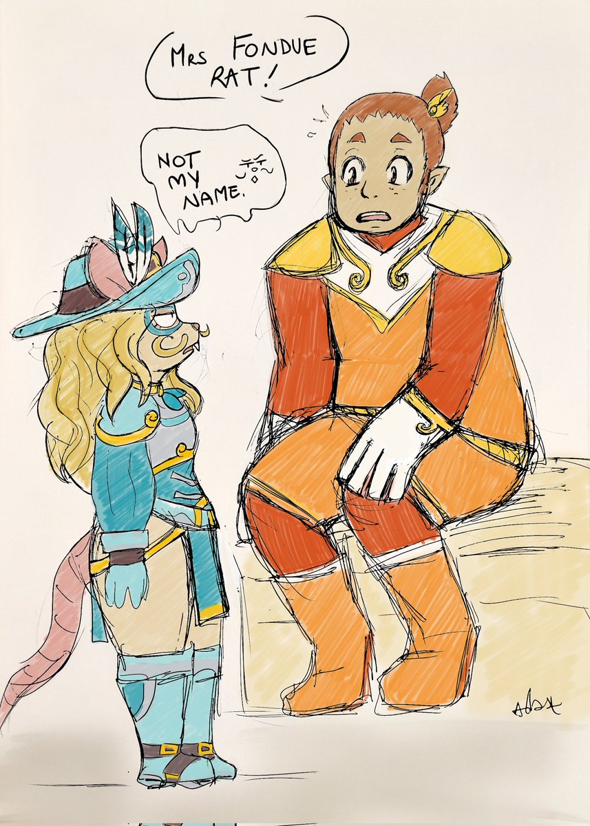 lemonicetea92's tweet image. *just a traditional sketchy chain artfight revenge (then digitally colored) from yesterday because I was bored at work*
Attacking again @WaWoyal and his dear Brienne, adding my orange hupperboy Igrith for a little interaction, because I don't give him enough love 🥲
#wakfu #oc