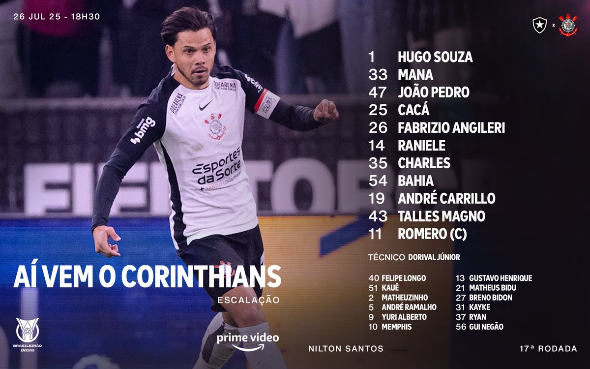 Corinthians's tweet photo. Os titulares para a partida! 📋

#BOTxSCCP #VaiCorinthians https://t.co/HIHACK7Zr0