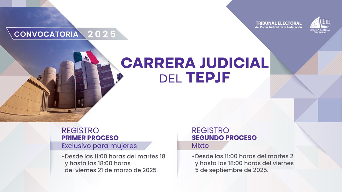 TEPJF_EJE's tweet image. 🔔 ¿Quieres formar parte de las personas habilitadas en Carrera Judicial ? Ya viene el Segundo Proceso Mixto de la #CarreraJudicialTEPJF.
📅 Regístrate del 2 al 5 de septiembre.
🎯 ¡Demuestra tu talento y construye justicia con perspectiva de género!
🔗ow.ly/rKwn50WrAv0