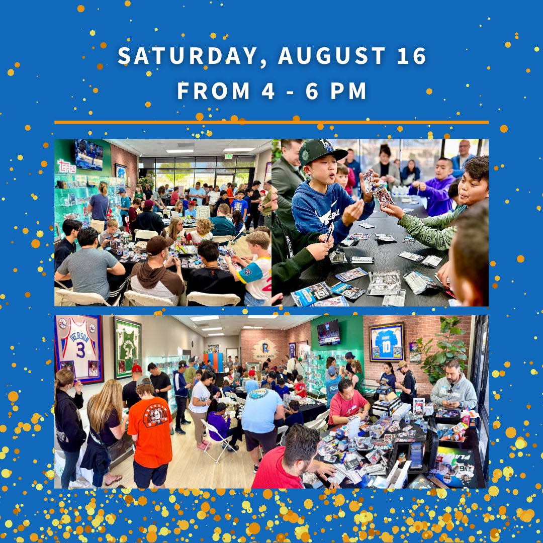 SAVE THE DATE! for RL Sports Cards Community Event! On Saturday, 8/16/25, 4-6 PM for a fun  afternoon. Bring family &amp; friends for games, prizes, snacks &amp; trading!  You won't want to miss this fun! 
#RLSportsCards #CommunityEvent #TheHobby #OrangeCounty #SportsCards #FamilyFun