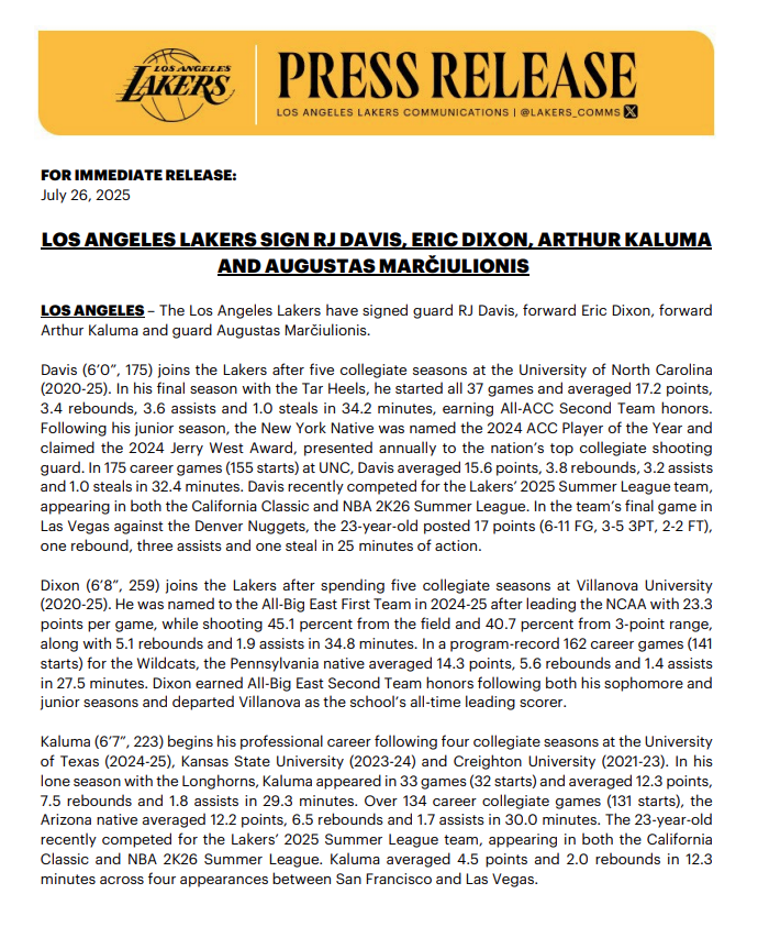 RyanWardLA's tweet image. Lakers announce the signings of RJ Davis, Eric Dixon, Arthur Kaluma and Augustas Marciulionis