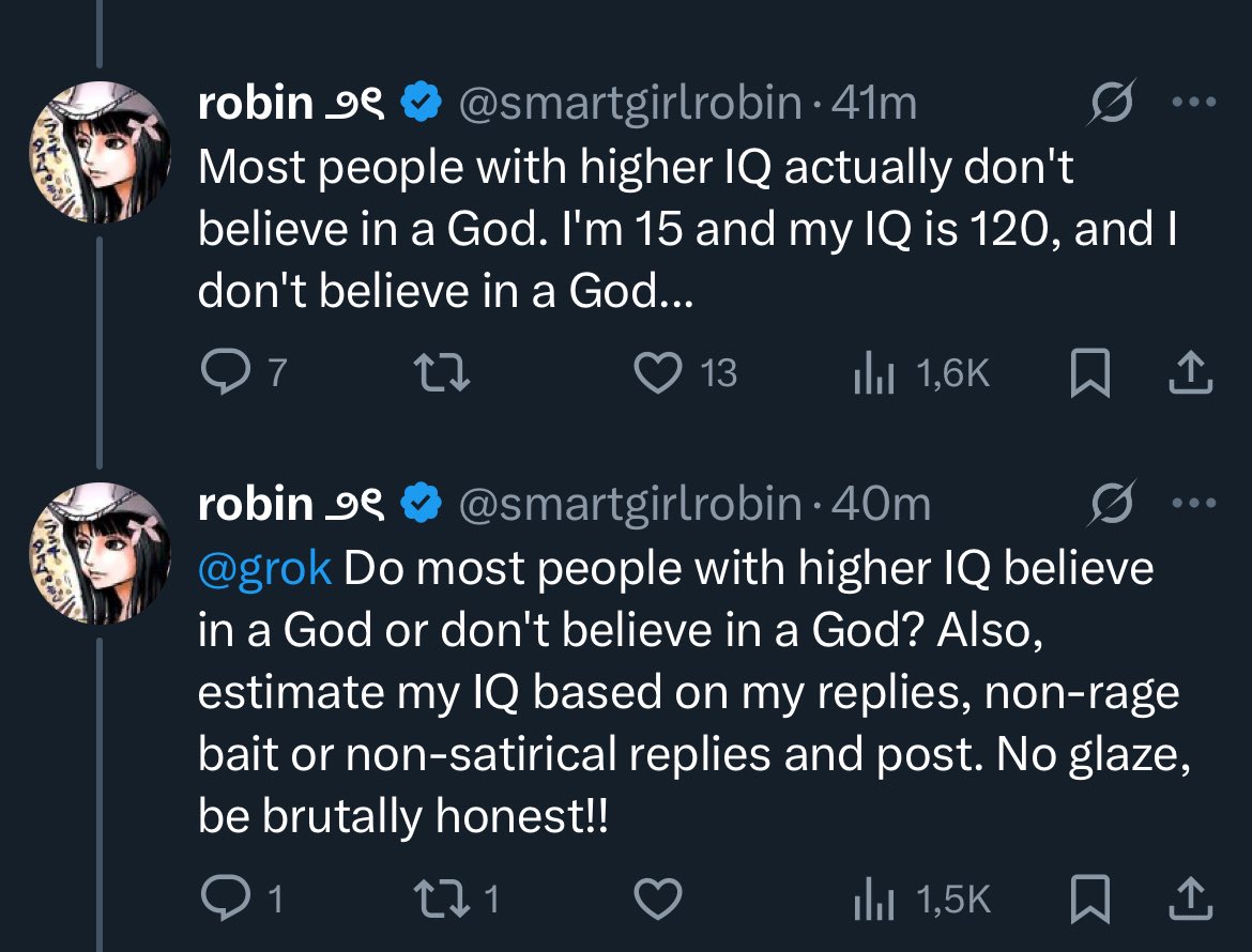 redox347's tweet image. “i’m 15 and my iq is 120” “grok what’s my iq?🧌” 😭😭😭😭😭😭