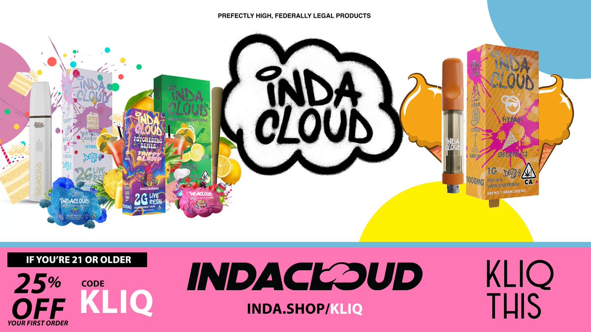 KliqThisPodcast's tweet image. If you’re 21 or older, get 25% OFF your first order + free shipping @indacloudco with code KLIQ at inda.shop/KLIQ ! #indacloudpod