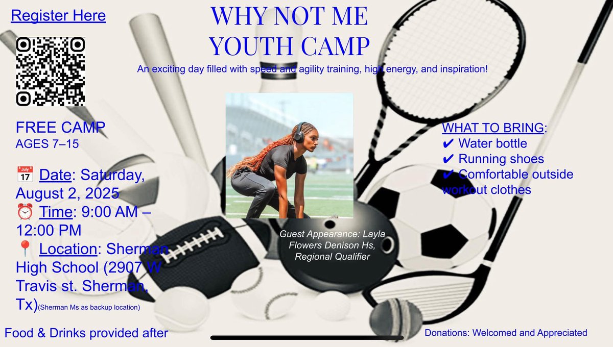 Come &amp; spend the day with us working on bring better versions of ourselves. Sign up for FREE, AND you get guidance from some college athletes that have walked the walk as well as those of us trying  to be next. Ages 7-17 no excuses Come work work us Aug 2nd. #whynoyme #camp