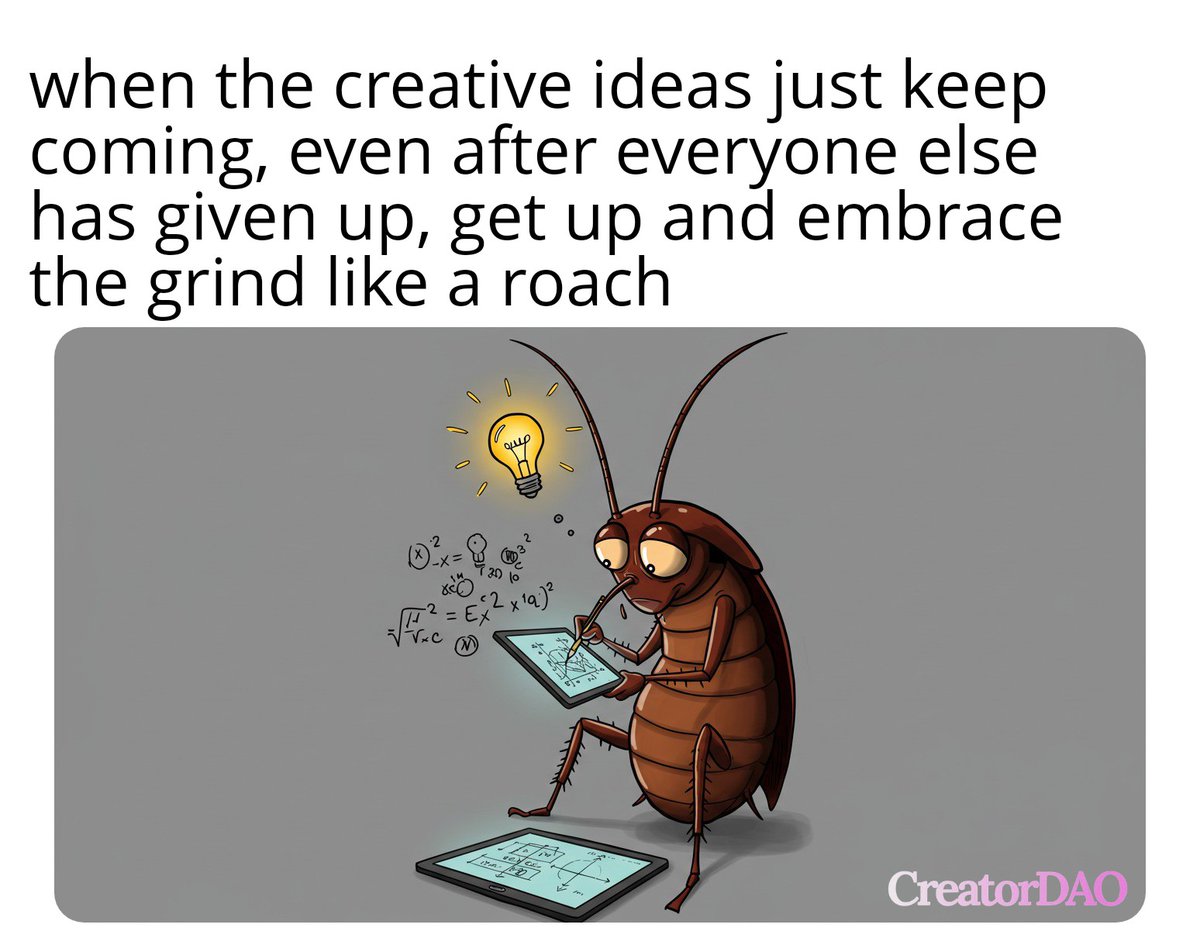 SalvyUnusual's tweet photo. When the creative idea just keep coming, even after everyone else has given up, get up and embrace the grind like a roach ๐ชณโจ
Anticipate creators, something is cooking on @joincreatordao
Don't fade! Join the whitelist ๐ https://t.co/DdydqULjI6
#CreatorDao #Creator #Base https://t.co/6Oc6w2YScZ