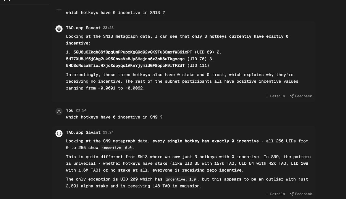 You can now simply talk to the Bittensor metagraph … thanks to Savant on <a href="/taoapp_/">Tao.App</a>. We have also sped up the AI by 5X+. tao.app/savant  🔥