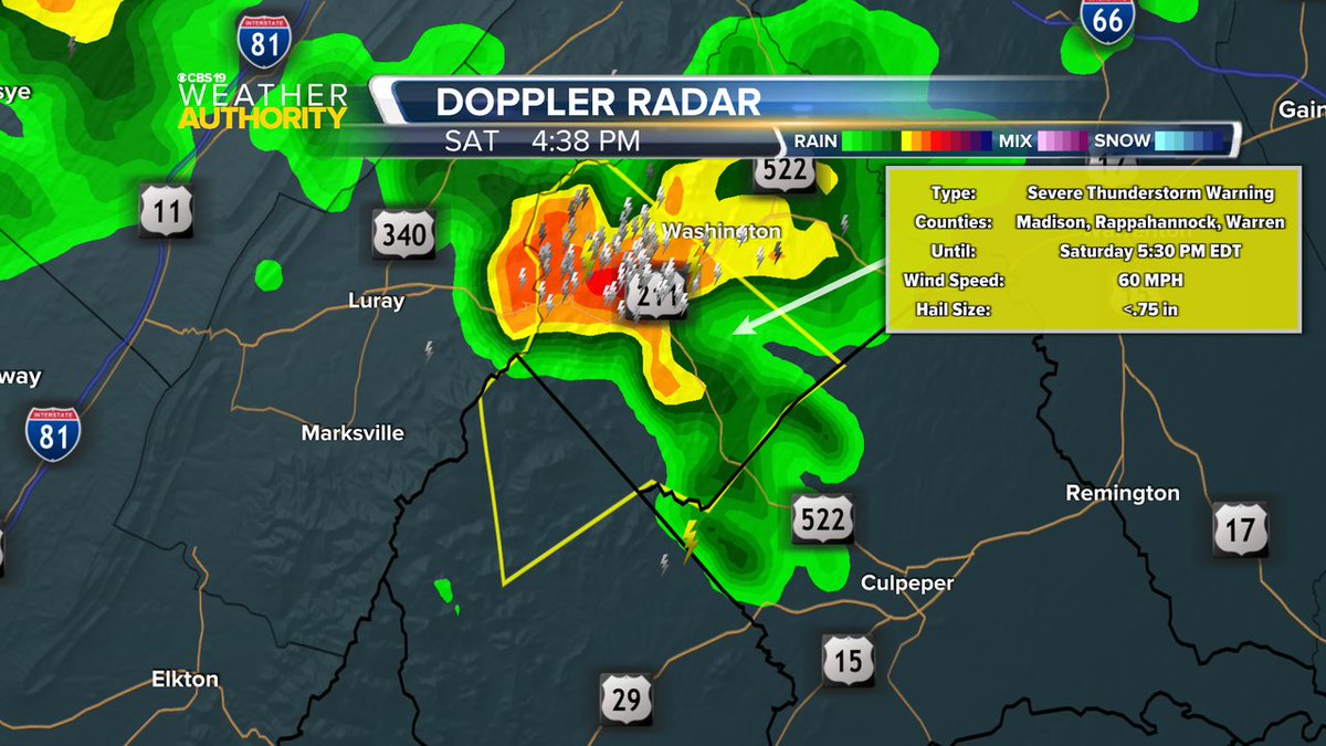 CBS19News's tweet image. A Severe Thunderstorm Warning is now in effect until Jul 26 5:30PM for the following counties: Madison, Rappahannock, Warren. Damaging winds and hail are possible with these storms.