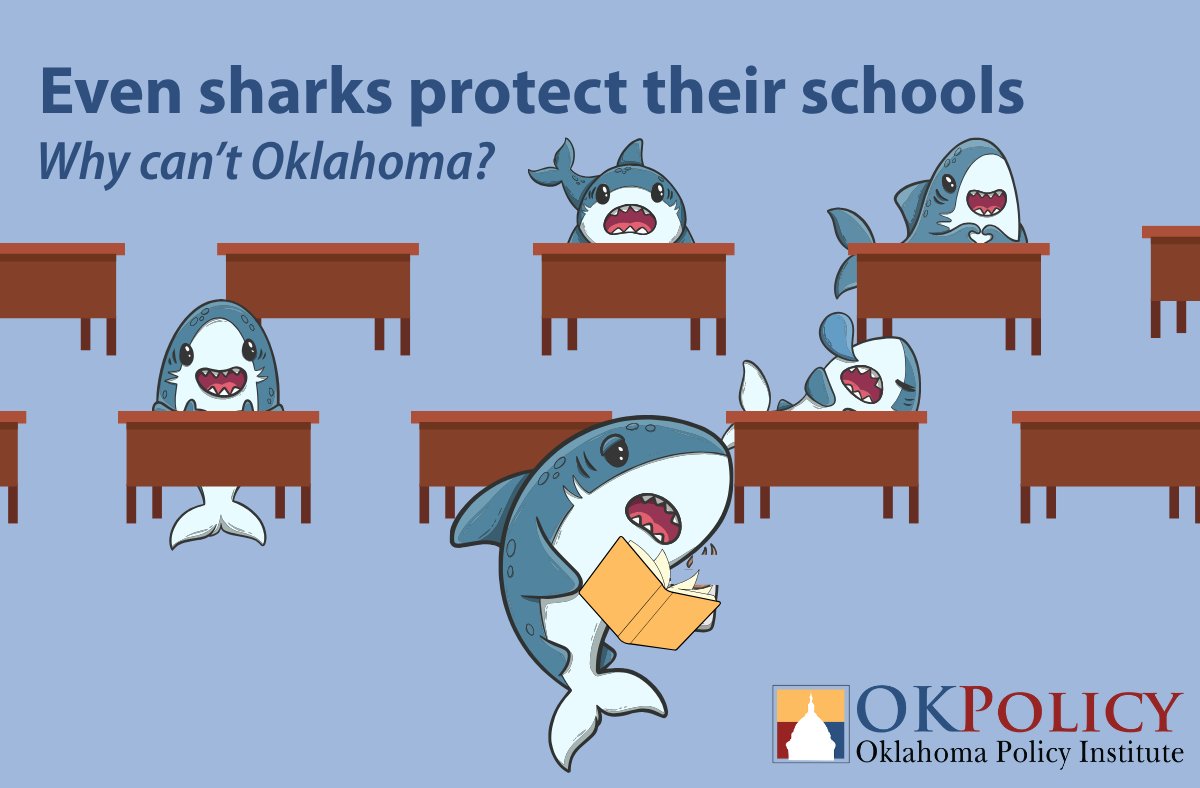 OKPolicy's tweet image. Even sharks form schools — and they protect them.
Oklahoma? Not so much. Years of underfunding have left our public schools struggling to stay afloat.
This #SharkWeek, let’s stop treating education like it belongs at the bottom of the food chain. 🦈📚 
#OKPolicy #OKLeg #PublicEd