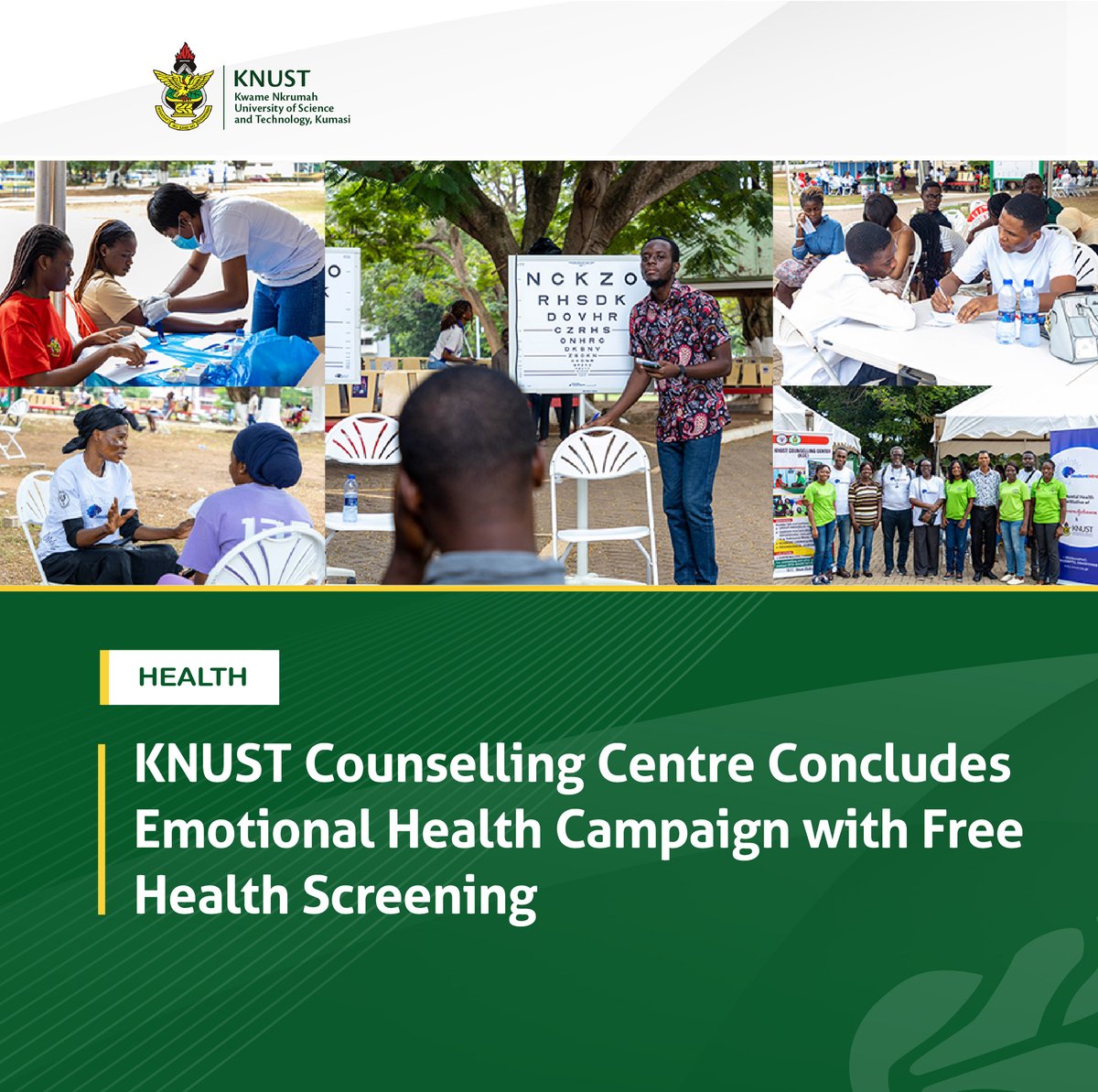 KNUSTGH's tweet image. The Counselling Centre of the Kwame Nkrumah University of Science and Technology (KNUST), Kumasi has conducted a free health screening exercise to mark the climax of its annual emotional health awareness campaign.
Learn more here⬇️
knust.edu.gh/news/news-item…