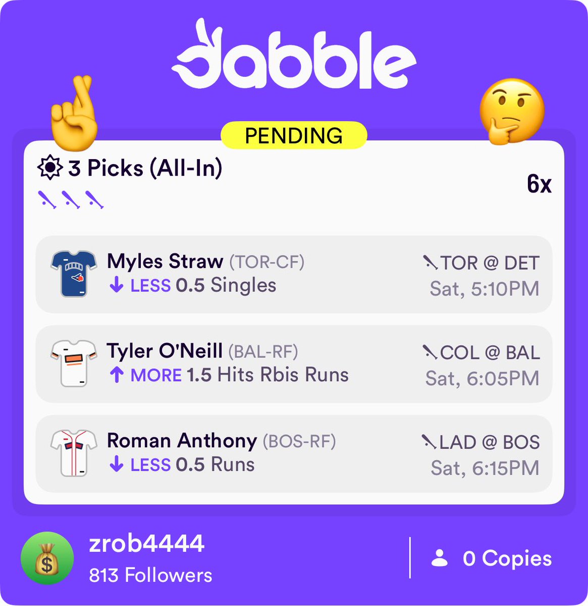 ZRob4444's tweet image. MLB Dabble 6x slip⚾️🔥
Join now using code ZROB and receive $10 FREE on signup!⬇️
dabble.onelink.me/Z9px/4vg4umjx