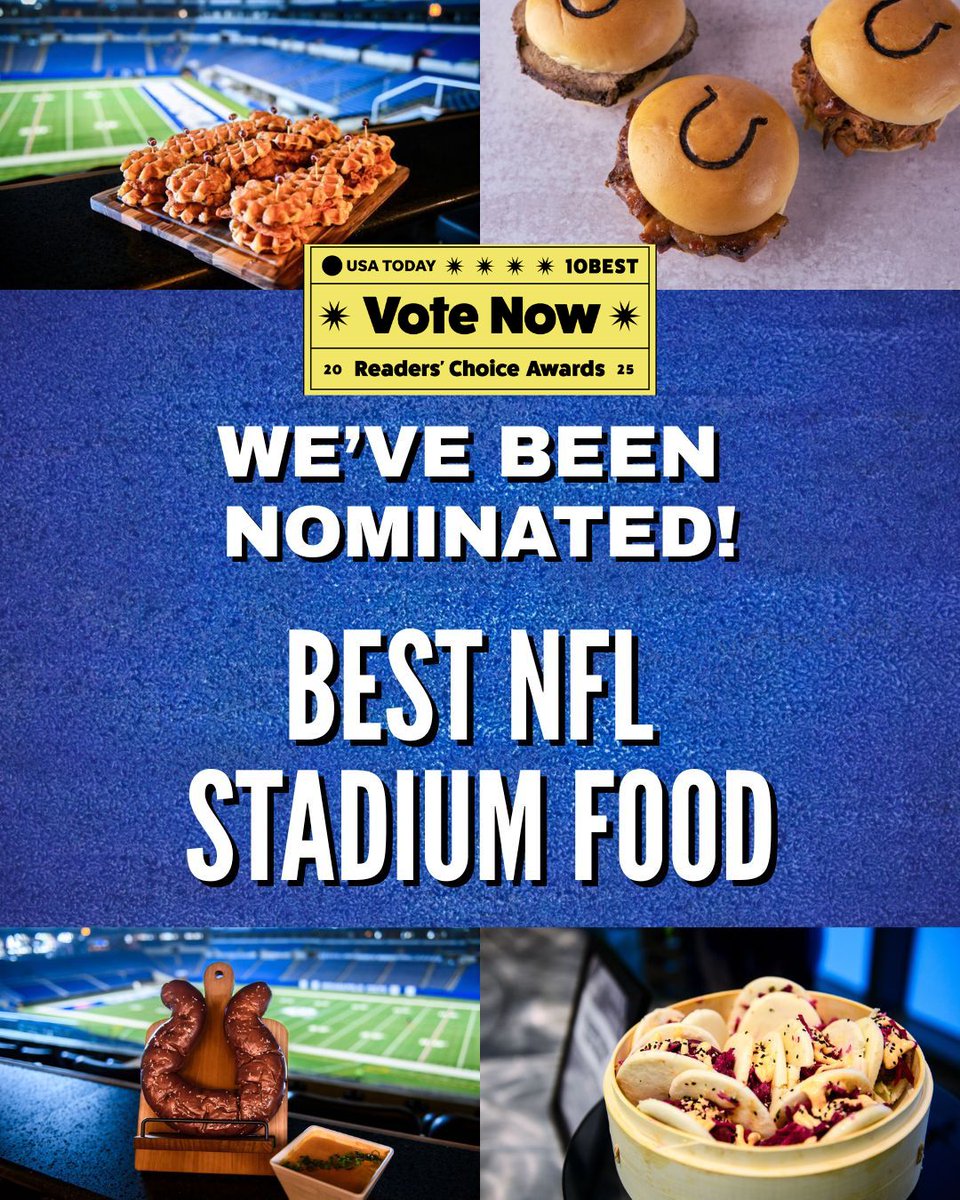 LucasOilStadium's tweet image. We’re ALWAYS cookin’ up something special, and someone noticed! 🍔🌭 Lucas Oil Stadium has been nominated for USA Today’s Best NFL Stadium Food! If you&apos;ve got a favorite bite, show us some love and cast your vote for us. We appreciate your support! 🙌 
🗳️🔗 -…