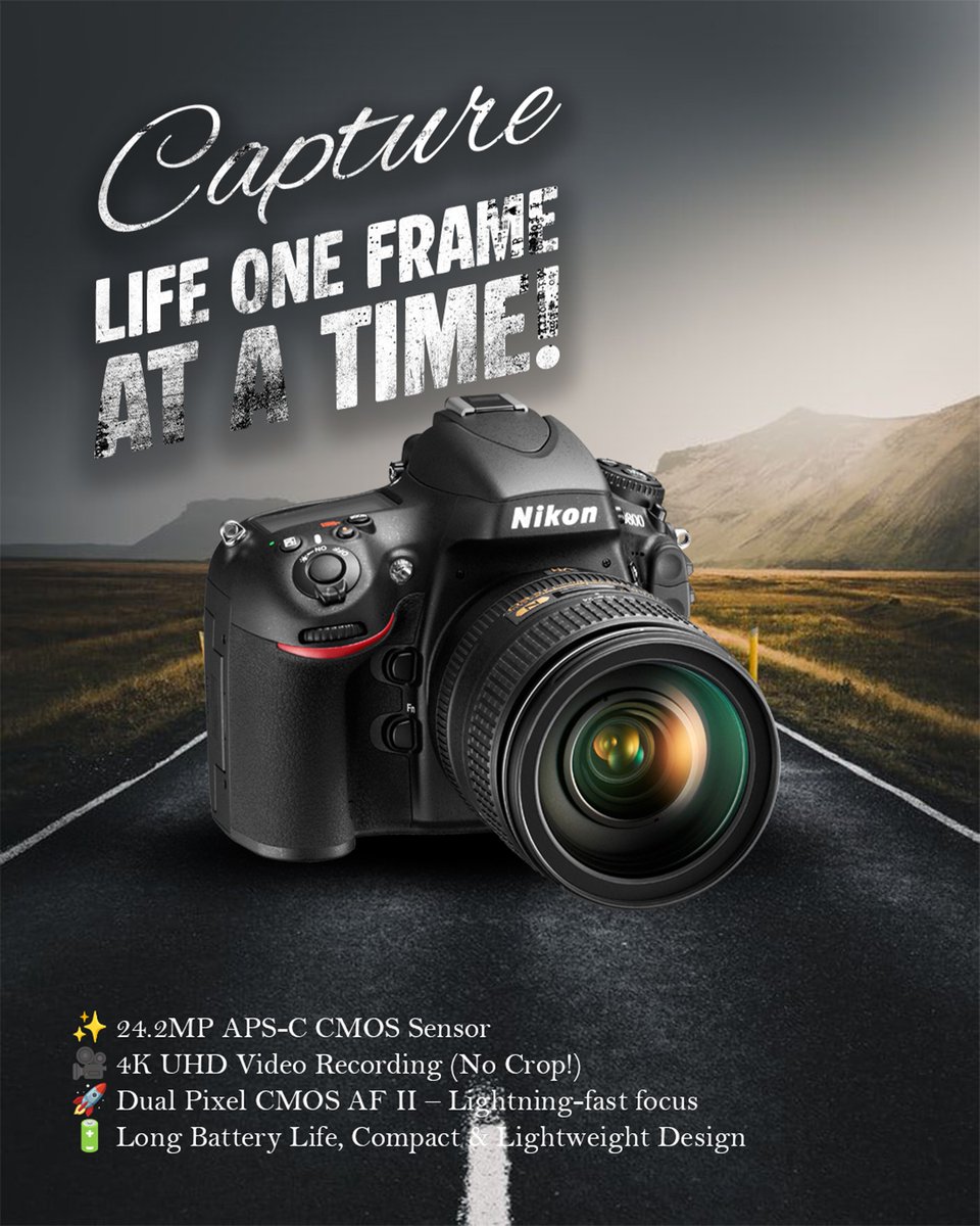 Compixal's tweet image. My latest graphic design manipulation: a dynamic ad for a Nikon camera! &quot;Capture Life One Frame At A Time!&quot; Highlighting 24.2MP, 4K video, &amp;amp; fast focus. #GraphicDesign #Nikon #CamerasEscondidas  #digitalart  #DesignPortfolio #vixourov #sourov #vixourov #graphicdesign