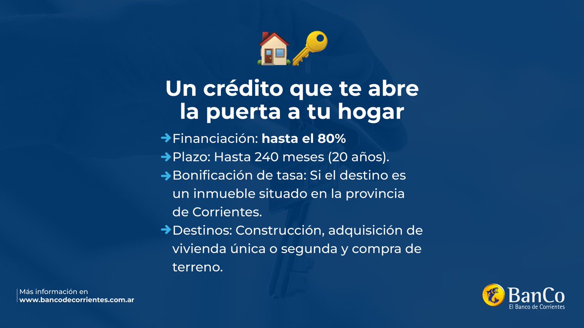 BancodeCtes's tweet image. Tu hogar ideal puede estar más cerca de lo que imaginás 🏡

En el BanCo te acompañamos a construir ese futuro con el que venís soñando 💭✨ Ya sea para comprar, edificar o dar el primer paso con un terreno, te ofrecemos una herramienta pensada para vos 🔑📈