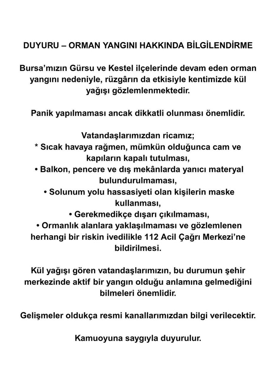 aykiricomtr's tweet image. #SONDAKİKA Bursa Büyükşehir Belediyesi:
- Gerekmedikçe dışarıya çıkmayın.
- Cam ve kapıları kapalı tutun.
- Solunum hassasiyeti olanlar maske taksın.