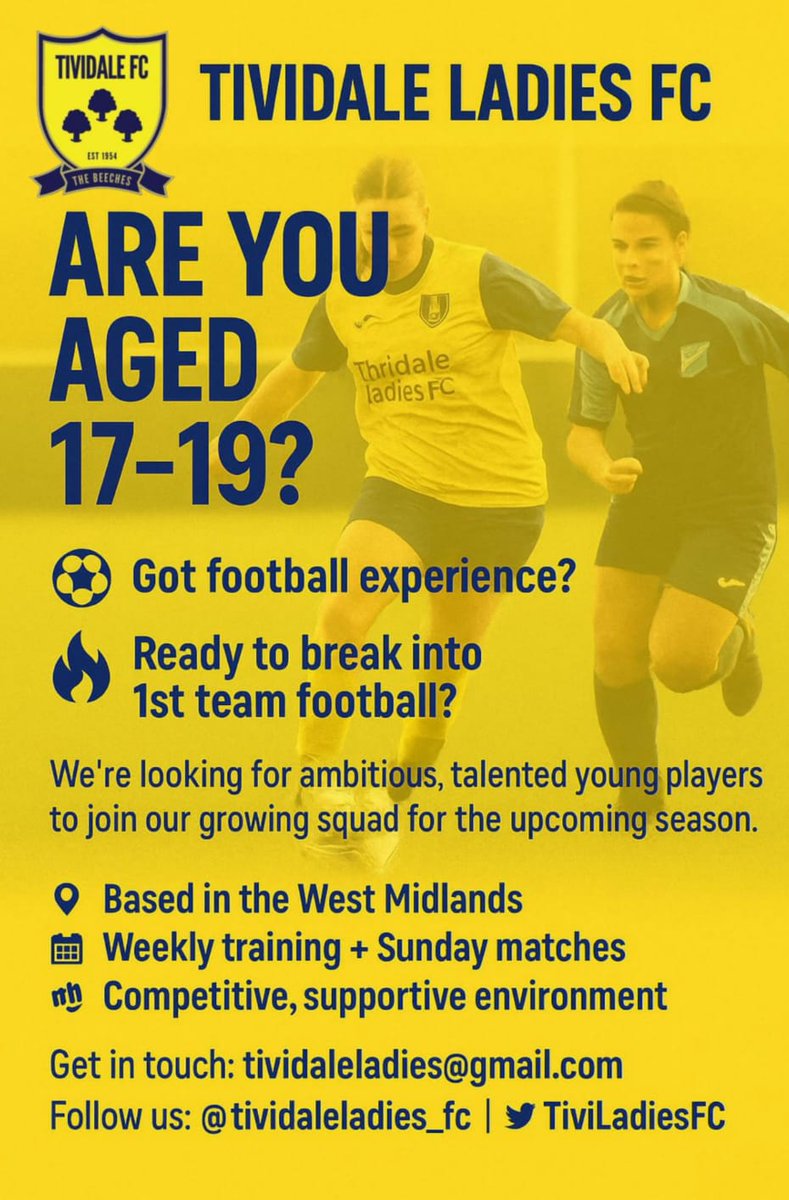 TiviladiesFC's tweet image. We are looking for 17-19 year olds who are looking to experience first team football.
If you're interested reach out on the details below or DM us here