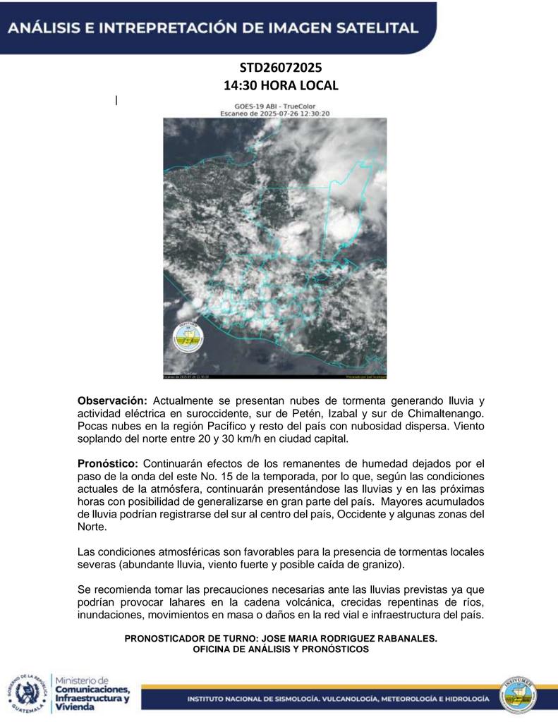 insivumehgt's tweet image. ANÁLISIS E INTERPRETACIÓN DE IMAGEN SATELITAL
26 de julio de 2025. 14:30 Hrs.
#SomosINSIVUMEH #PasiónPorLaCiencia #ElPuebloDignoEsPrimero #CIV #ClimaGT