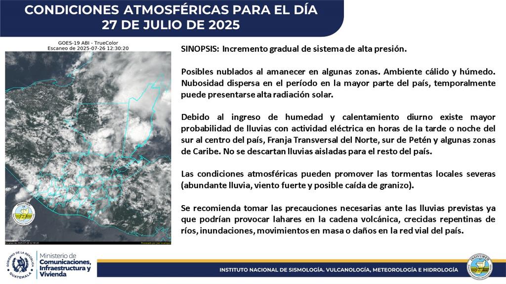 insivumehgt's tweet image. CONDICIONES ATMOSFÉRICAS PARA EL DÍA 27 DE JULIO DE 2025
#SomosINSIVUMEH #PasiónPorLaCiencia #ElPuebloDignoEsPrimero #CIV #ClimaGT