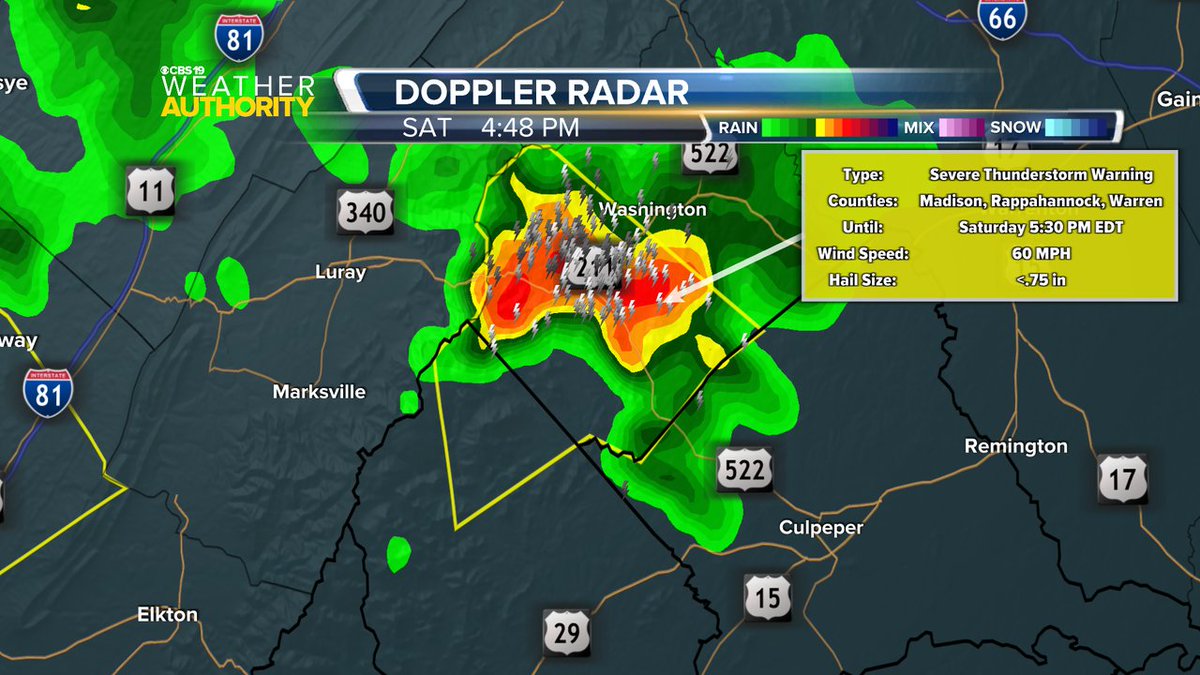 CBS19News's tweet image. A Severe Thunderstorm Warning is now in effect until Jul 26 5:30PM for the following counties: Madison, Rappahannock, Warren. Damaging winds and hail are possible with these storms.
