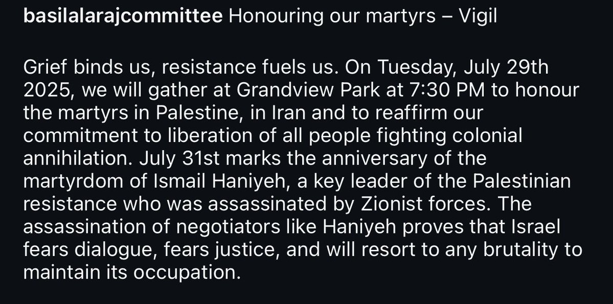Leviathan (@l3v1at4an) on Twitter photo A vigil to honor fallen Hamas leader Ismail Haniyeh is taking place on the 1 year anniversary of his death at Grandview Park in Vancouver.
Meanwhile only Christian rock concerts take precedent by law enforcement & politicians.
<a href="/VancouverPD/">Vancouver Police</a> A vigil to honor fallen Hamas leader Ismail Haniyeh is taking place on the 1 year anniversary of his death at Grandview Park in Vancouver.
Meanwhile only Christian rock concerts take precedent by law enforcement & politicians.
<a href="/VancouverPD/">Vancouver Police</a>
