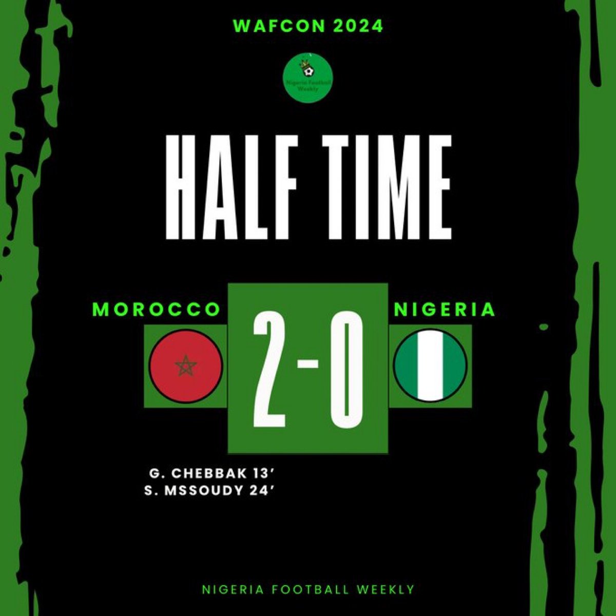 NigeriaStories's tweet image. JUST IN: Super Falcons are trailing by two goals at the break in the WAFCON 2024 final.