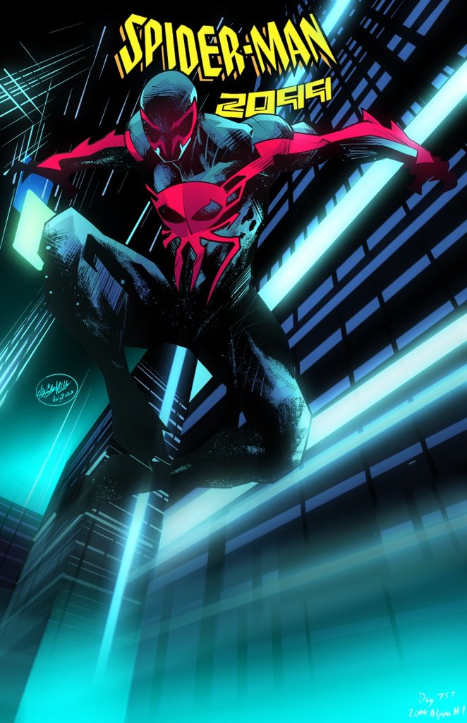 f4rtg0d's tweet image. Drawing one Spider-Person or Symbiote everyday until Beyond the Spider-Verse comes out
Day 757: Spider-Man 2099 - Miguel O'Hara (Earth 2099)