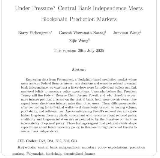 B_Eichengreen's tweet image. Analysis of Polymarket data suggests that a bet on "Powell out" increases the likelihood of a bet on an interest cut at the next FOMC meeting ("the revenge of time inconsistency"). But it also leads to higher expected 10-year Treasury yields and greater recession risk.