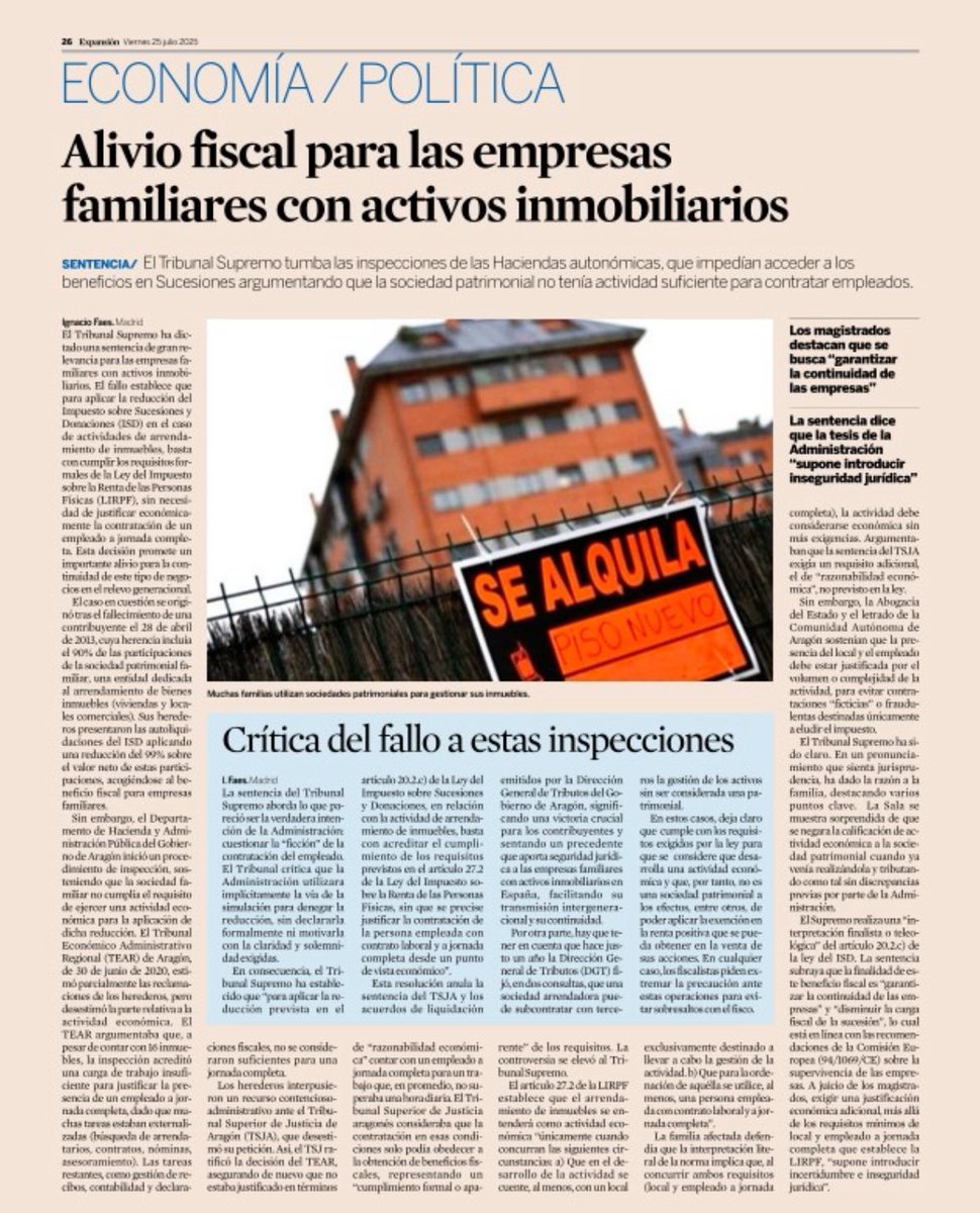 🏛️ El Supremo respalda a las #empresasfamiliares con inmuebles en alquiler:

El fallo establece que para aplicar la reducción del ISD en el caso de actividades de arrendamiento de #inmuebles, basta con cumplir los requisitos formales de la Ley del IRPF: tener local y empleado