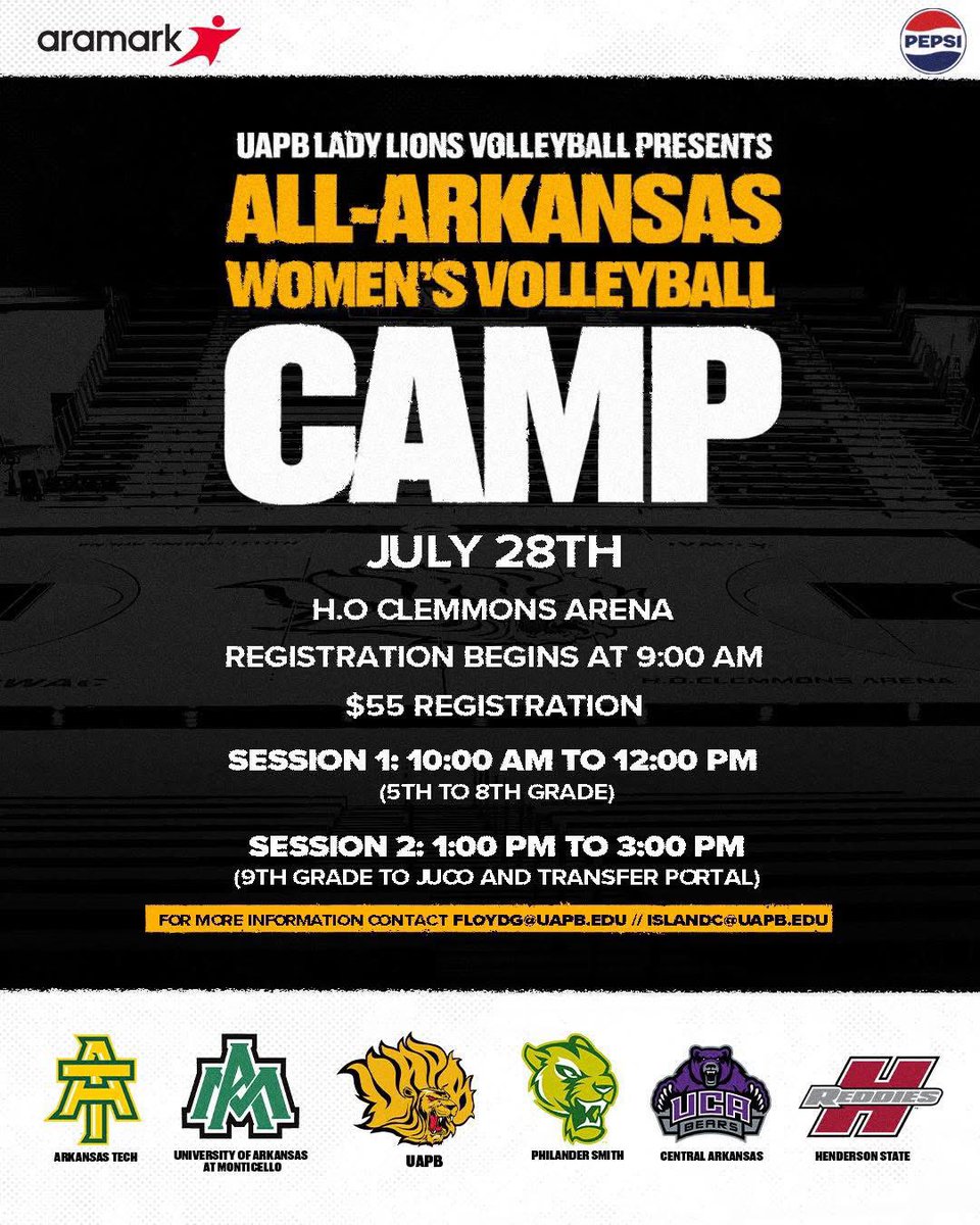 UAPBLionsVB's tweet image. Registration for the All-Arkansas Womenโs Volleyball Camp at UAPB closes TOMORROW! Coaches from Arkansas Tech, UAM, Philander Smith, UCA, Henderson State & more will be in the building ๐ช๐พ๐
Itโs your shot to compete and get noticed
๐ bit.ly/4nQWTd1
