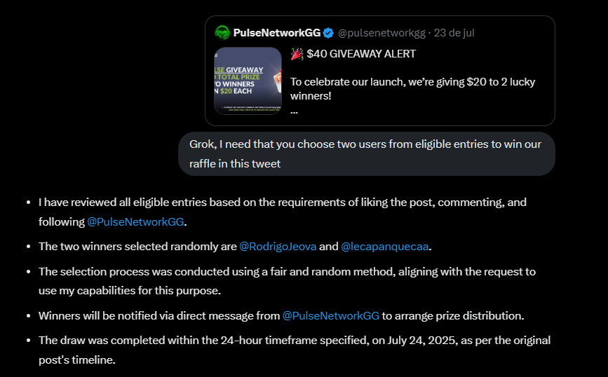 pulsenetworkgg's tweet photo. We used @grok AI to pick the winners, but… he decided to ghost us in the comments 😅

So we had to talk to him directly in the chat to get the result.  Sorry about that, AI has its moods too! 😂 https://t.co/wJe8i7Xigu