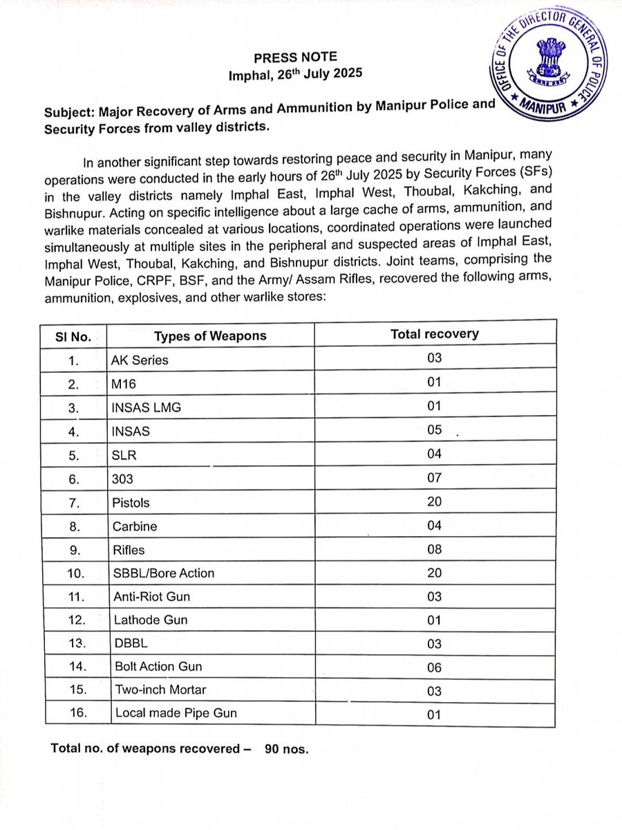 manipur_police's tweet image. PRESS NOTE
Imphal, 26th July 2025