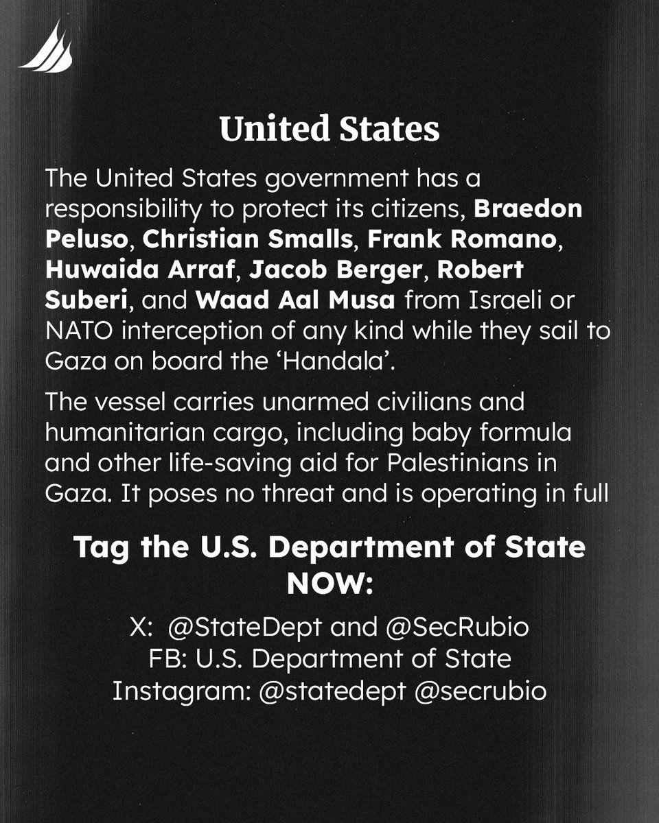 handala0's tweet image. PRESSURE GOVERNMENTS!
An Israeli Heron drone is actively circling the #Handala.
We are currently at coordinates N 31.990316° E 32.802406°, 90 NM from Gaza and beyond the point where the #Madleen was illegally intercepted.
We must demand immediate action for Gaza.