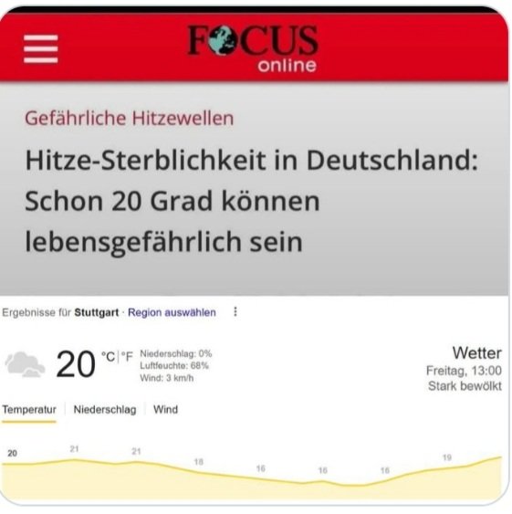 TineUndFiene's tweet image. Schon Mist wenn keine Hitzewelle kommt, da muß man die Panikmache wegen der Hitzesterblichkeit doch tatsächlich schon auf 20 Grad sozusagen Strickjackenwetter heruntersetzen.🥳🥳🥳