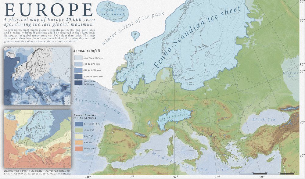 Let’s wind the clock back 20,000 years to Europe’s last Ice Age. Only small human populations could theoretically be maintained in such an environment. Great map by <a href="/PerrinRemonte/">Perrin Remonté</a>