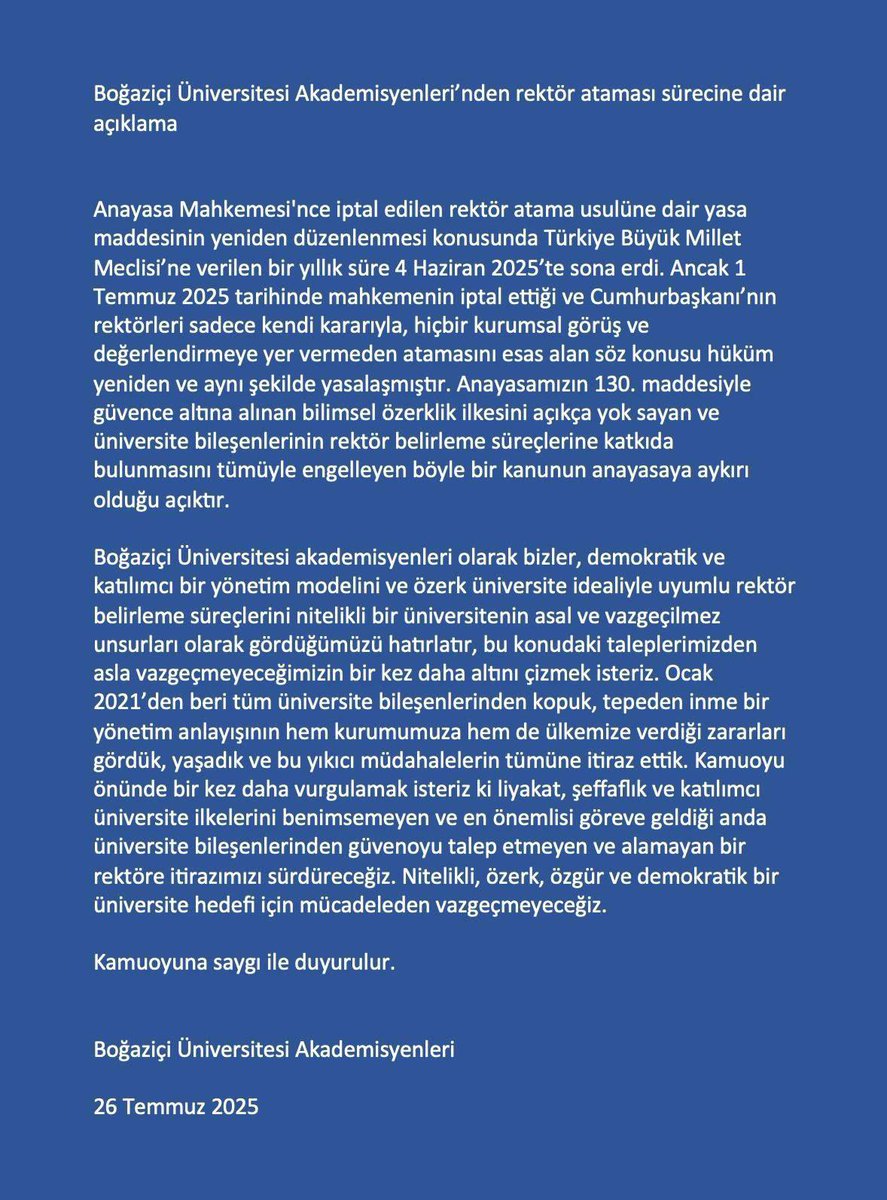 Üniversite ne kışladır ne de başka devlet kurumlarına benzer. Bir üniversite rektörü bu şekilde belirlenmez ve atanmaz. Bu şekilde tek kişinin yöneticisini belirlediği yere üniversite denmez. Boğaziçi hocaları malumu bıkmadan usanmadan tekrarlamak zorunda kalıyor.