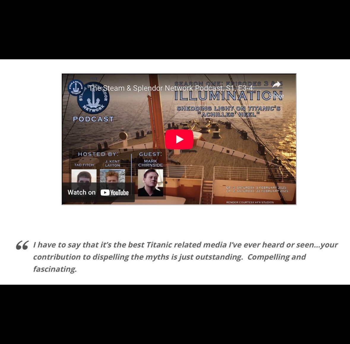 My podcast(s) with The Steam &amp; Splendor Network address various Titanic conspiracy theories, including claims that she had an 'Achilles Heel'.  markchirnside.co.uk/steam-splendor…