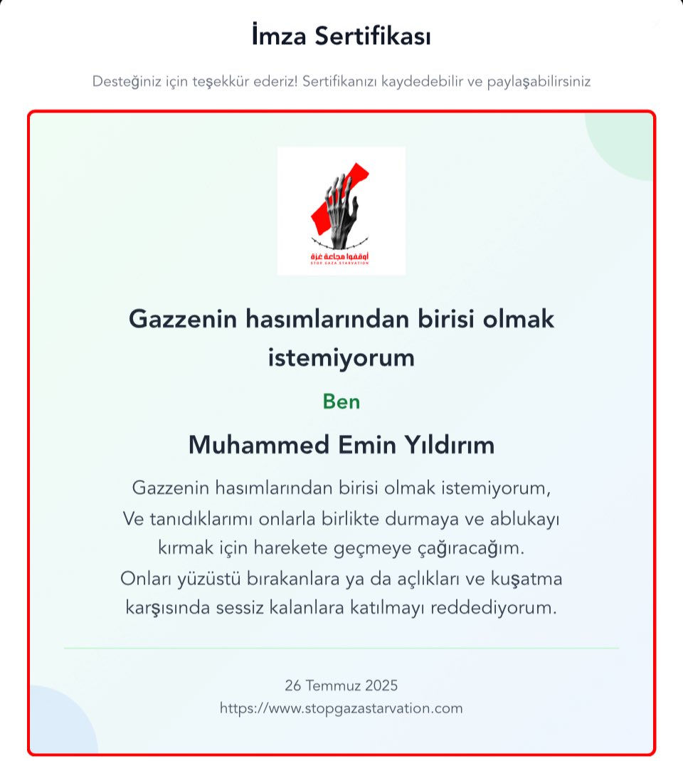 m_eminyildirim's tweet image. Aziz Kardeşlerim! Gazze için başlatılan bu imza kampanyasına katılalım…
•
Hiçbir eylemi ve adımı küçük görmeyelim. Küçükleri yapalım ki Mevlâ bize daha büyük amelleri nasip etsin…
•
Bu linkten katılabilirsiniz…
stopgazastarvation.com