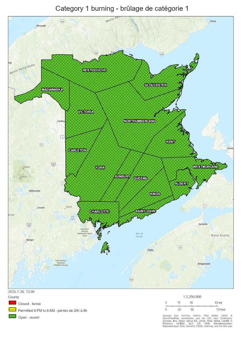 NBForestFires's tweet image. Burning conditions are valid from 2 PM July 26 to 2 PM July 27. All counties are open for burning.