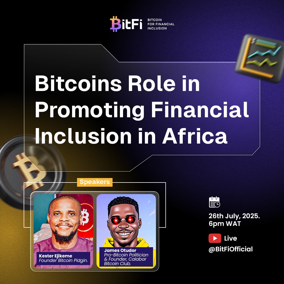 BitFi (@bitfiofficial) on Twitter photo 📢 Don’t miss the conversation on “Bitcoin’s role in promoting financial inclusion in Africa” with <a href="/kesterbils/">Kester Ejikeme ₿⚡</a> and <a href="/BitcoinCalabar/">Calabar Bitcoin Club</a> !
Discover how Bitcoin can empower millions in Sub-Saharan Africa, where over 350 million adults remain unbanked, by providing accessible, 📢 Don’t miss the conversation on “Bitcoin’s role in promoting financial inclusion in Africa” with <a href="/kesterbils/">Kester Ejikeme ₿⚡</a> and <a href="/BitcoinCalabar/">Calabar Bitcoin Club</a> !
Discover how Bitcoin can empower millions in Sub-Saharan Africa, where over 350 million adults remain unbanked, by providing accessible,