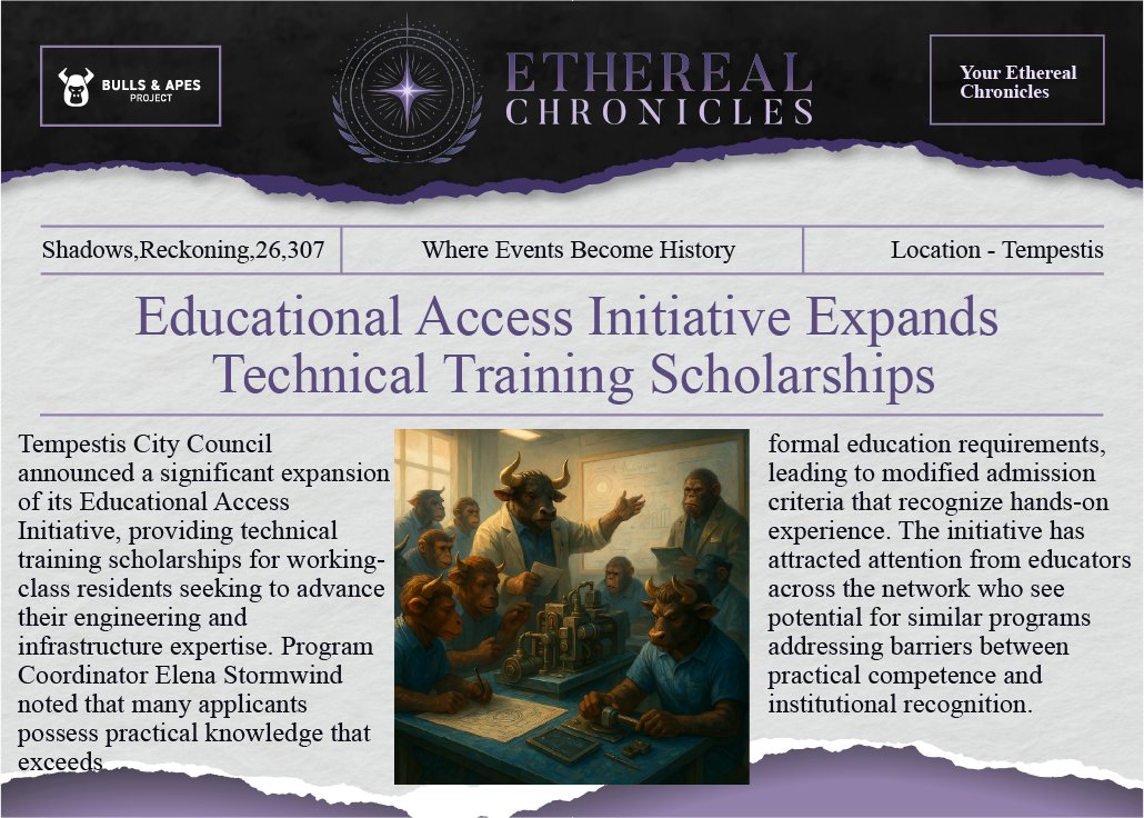 BullsApesProj's tweet image. Tempestis expands Educational Access Initiative with technical scholarships for working-class residents!
Modified admission criteria now recognize hands-on experience alongside formal education.
Breaking down barriers between practical competence and institutional…