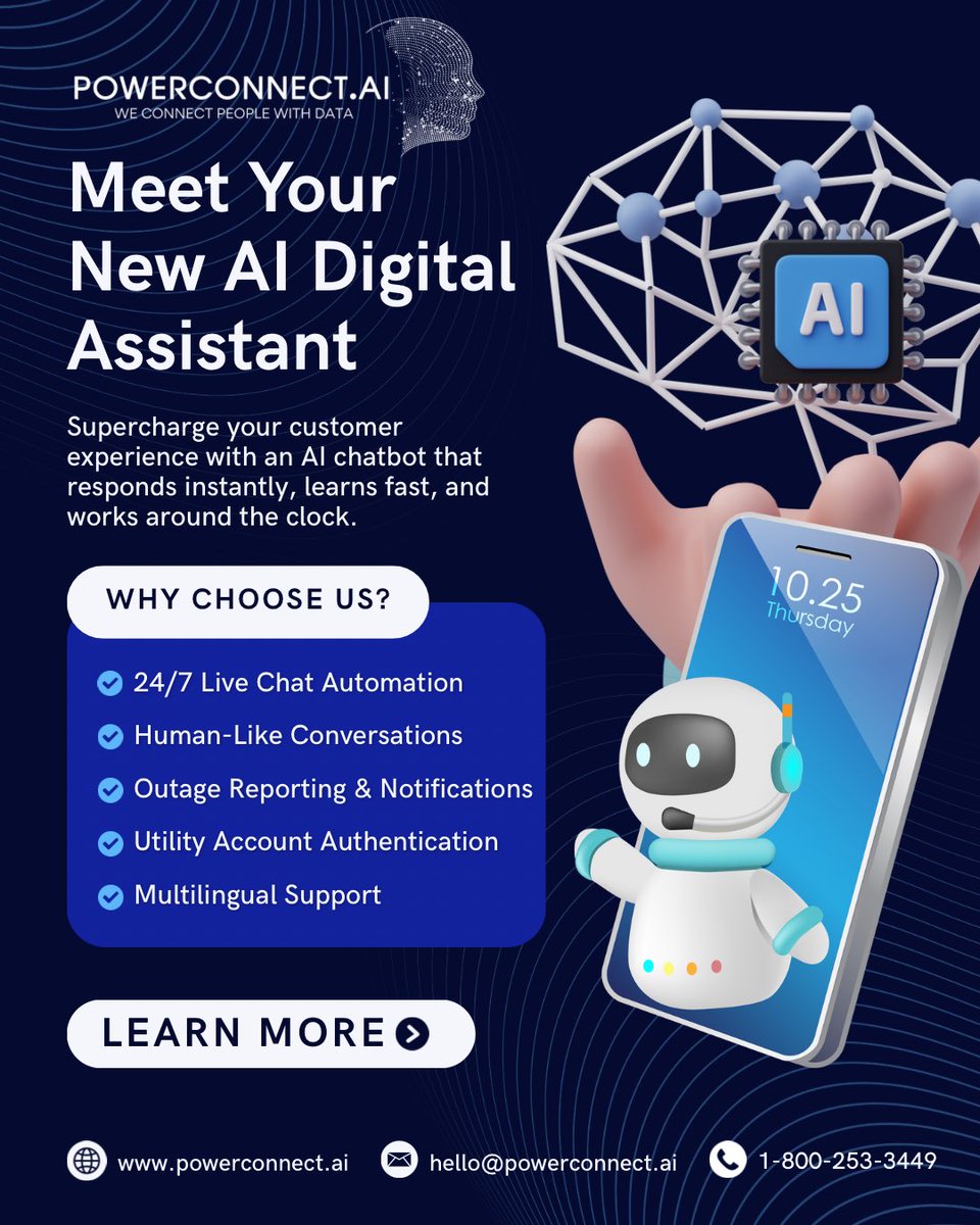 🚀 Say hello to your new AI Digital Assistant 💡

From authenticating customers 🔐 to analyzing bills 📊 and recommending smarter energy choices ⚡ — POWERCONNECT.AI is transforming how utilities connect with customers.

🌐 Whether it’s enrolling in a service, arranging a