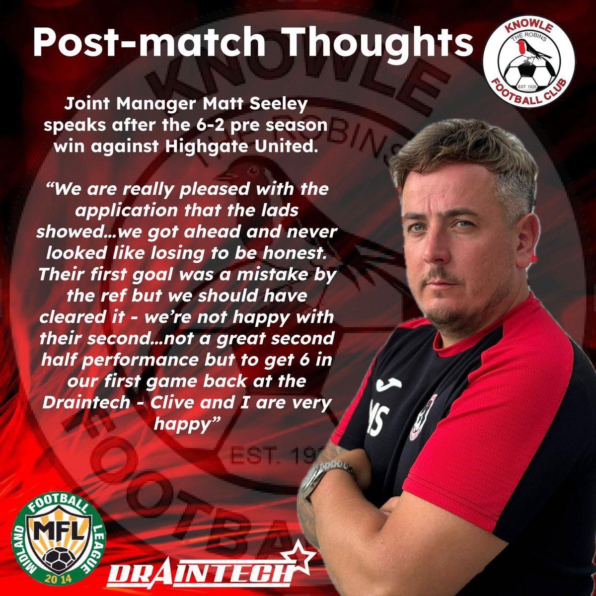 Knowle_FC's tweet image. 🗣️ Post-Match Thoughts
Joint Manager @Seeley789 shares his reaction following today’s 6–2 win over Highgate United at The Draintech Communty Arena 🤝
#UpTheRobins #Step6
