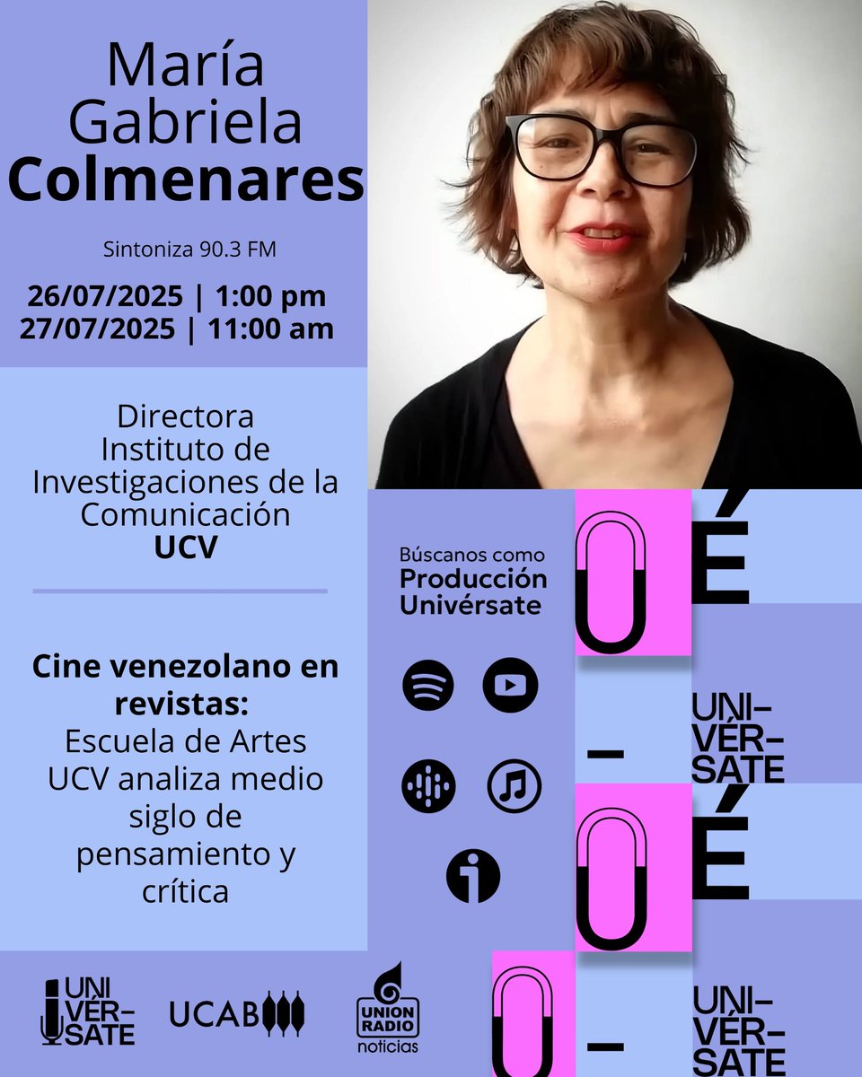 Univérsate (@universateradio) on Twitter photo ¿Cómo ha evolucionado el pensamiento cinematográfico venezolano? Al respecto hablaremos en minutos con María Gabriela Colmenares, directora del <a href="/ININCOUCV/">ININCO-UCV</a>.
📻 Escucha la entrevista por:
🎙️ 90.3 FM (Caracas)
📲mundour.com/live-urn/ ¿Cómo ha evolucionado el pensamiento cinematográfico venezolano? Al respecto hablaremos en minutos con María Gabriela Colmenares, directora del <a href="/ININCOUCV/">ININCO-UCV</a>.
📻 Escucha la entrevista por:
🎙️ 90.3 FM (Caracas)
📲mundour.com/live-urn/
